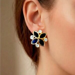 Vintage SAL Swarovski Earrings Black & Clear Rhinestones Floral Gold Tone